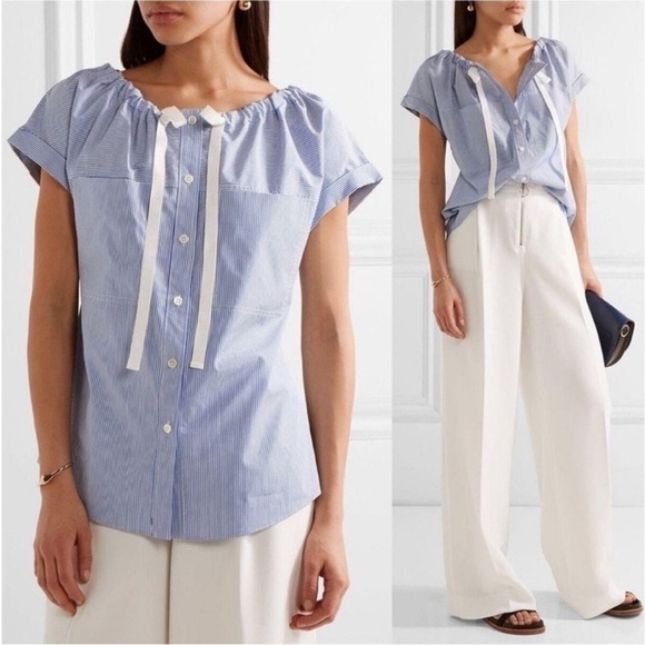 Theory Tops - Theory Velvela Blue and White Striped Drawstring Shirt Sleeve Blouse M
